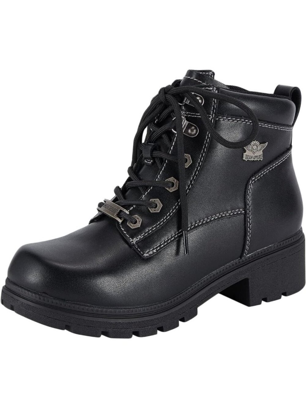 Stylish Women's Lace-Up Motorcycle Boots with Side Zipper, Black Faux Leather